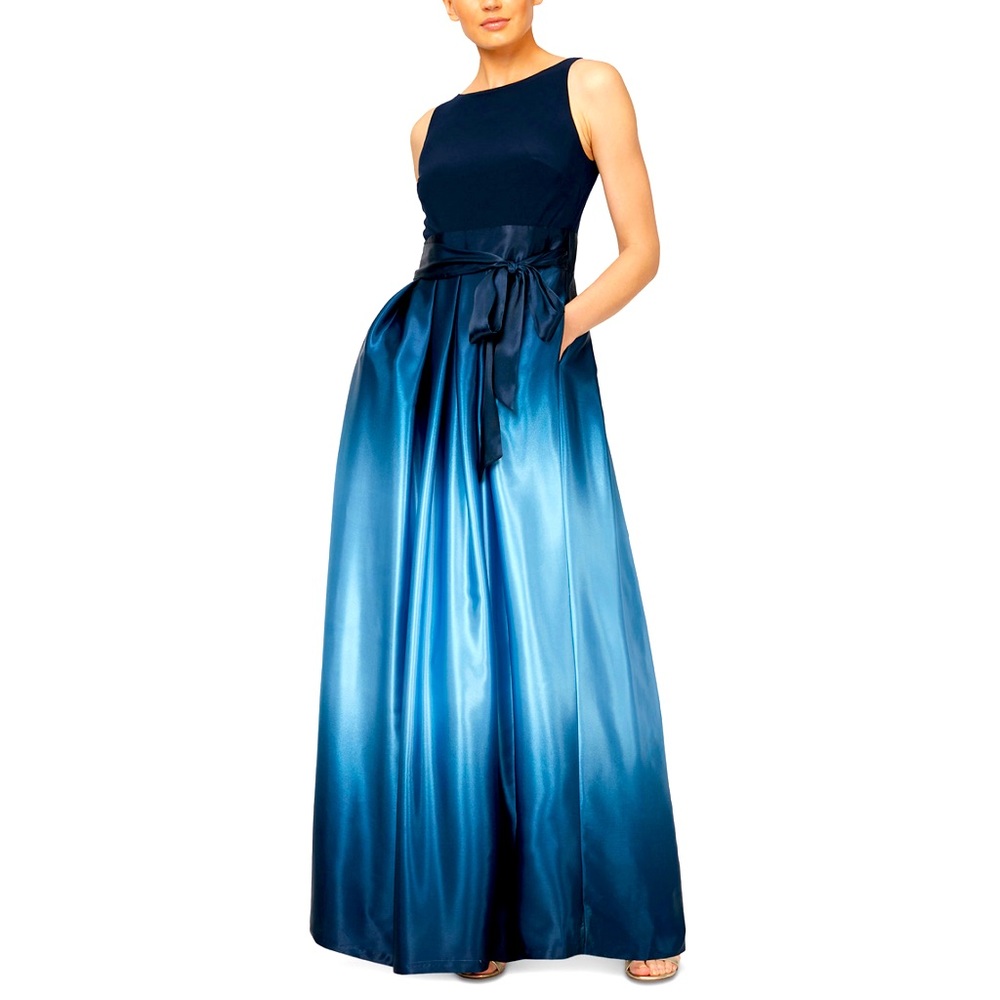 Blue Ombré Satin Bow Sash Gown